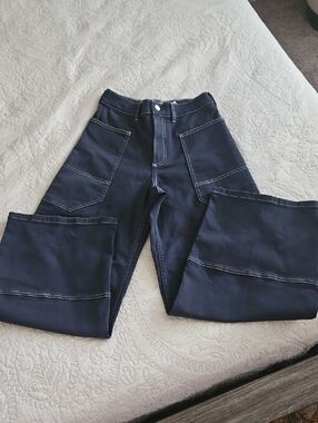 Everlane The Gardener Navy High-Rise Wide Leg Pants with White Stitching